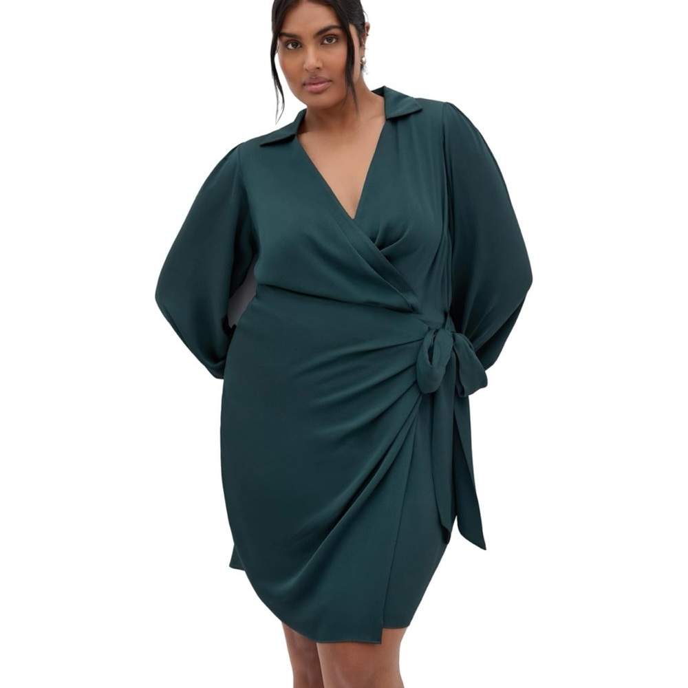 City Chic Womens Size 14 Genevieve Wrap Dress Hunter Green Long Sleeve Collared
